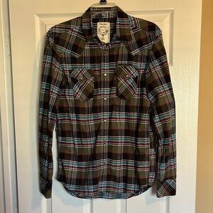 Diesel men’s green plaid long sleeve pearl snap shirt size medium